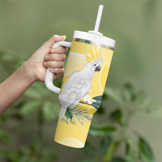 Australia Cacatua Galerita Sulphur-Crested Cockatoo #8211; Aboriginal Art Custom Stanley Quencher 40Oz Stainless Steel Tumbler With Handle - Image 4