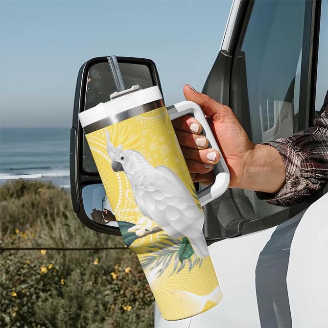 Australia Cacatua Galerita Sulphur-Crested Cockatoo #8211; Aboriginal Art Custom Stanley Quencher 40Oz Stainless Steel Tumbler With Handle - Image 7