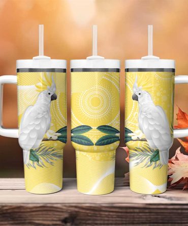Australia Cacatua Galerita Sulphur-Crested Cockatoo #8211; Aboriginal Art Custom Stanley Quencher 40Oz Stainless Steel Tumbler With Handle