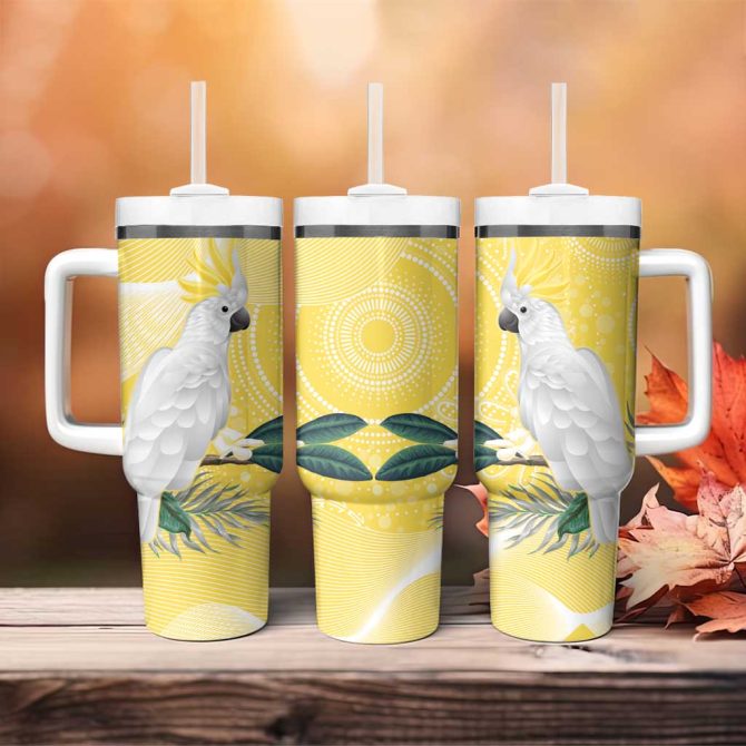Australia Cacatua Galerita Sulphur-Crested Cockatoo #8211; Aboriginal Art Custom Stanley Quencher 40Oz Stainless Steel Tumbler With Handle