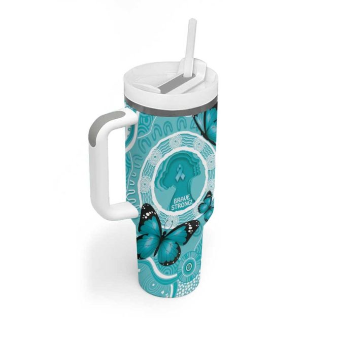 Australia Cervical Cancer Awareness Month Brave Strong Butterfly Aboriginal Art Custom Stanley Quencher 40Oz Stainless Steel Tumbler With Handle - Image 3