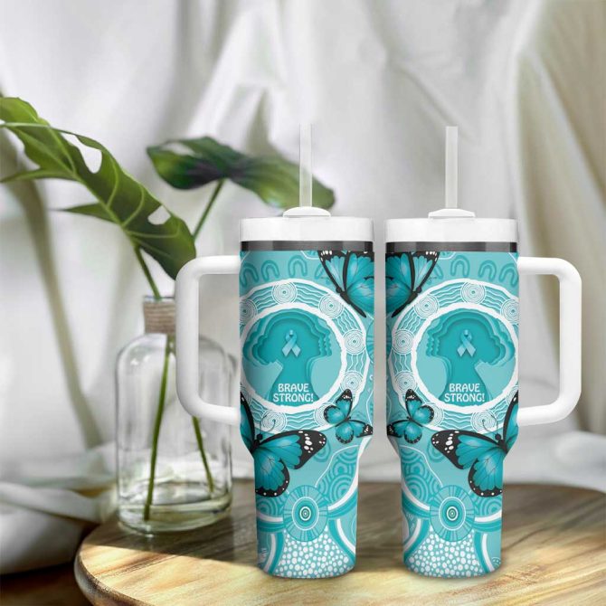 Australia Cervical Cancer Awareness Month Brave Strong Butterfly Aboriginal Art Custom Stanley Quencher 40Oz Stainless Steel Tumbler With Handle - Image 9