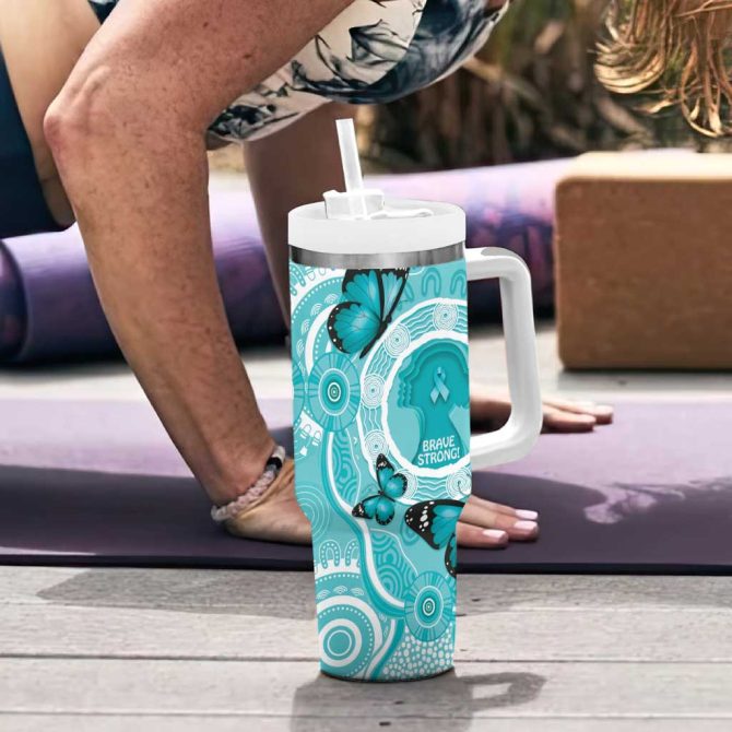 Australia Cervical Cancer Awareness Month Brave Strong Butterfly Aboriginal Art Custom Stanley Quencher 40Oz Stainless Steel Tumbler With Handle - Image 6