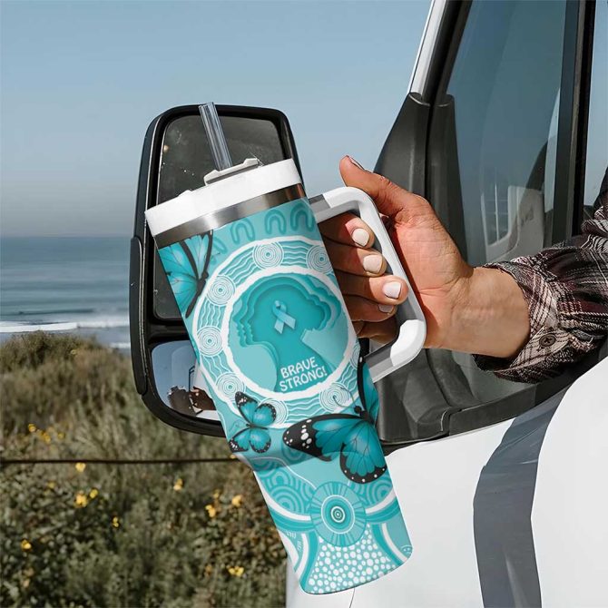 Australia Cervical Cancer Awareness Month Brave Strong Butterfly Aboriginal Art Custom Stanley Quencher 40Oz Stainless Steel Tumbler With Handle - Image 7