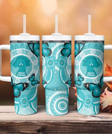 Australia Cervical Cancer Awareness Month Brave Strong Butterfly Aboriginal Art Custom Stanley Quencher 40Oz Stainless Steel Tumbler With Handle