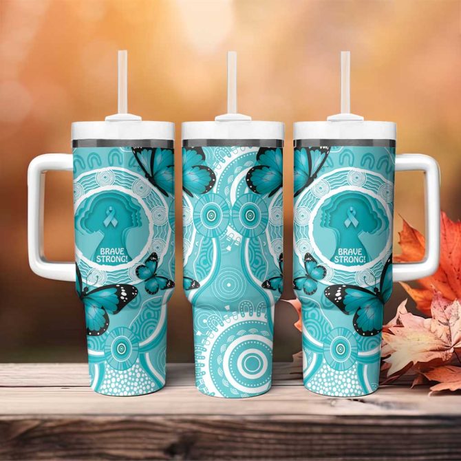 Australia Cervical Cancer Awareness Month Brave Strong Butterfly Aboriginal Art Custom Stanley Quencher 40Oz Stainless Steel Tumbler With Handle