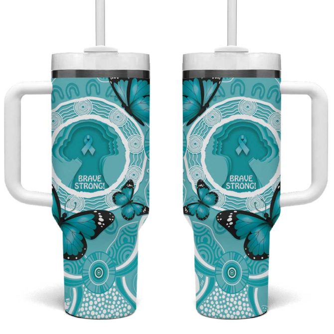 Australia Cervical Cancer Awareness Month Brave Strong Butterfly Aboriginal Art Custom Stanley Quencher 40Oz Stainless Steel Tumbler With Handle - Image 2