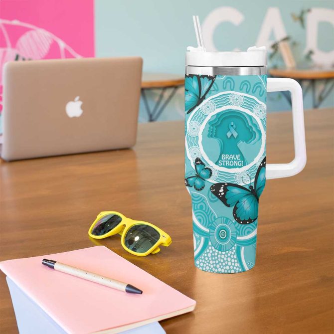 Australia Cervical Cancer Awareness Month Brave Strong Butterfly Aboriginal Art Custom Stanley Quencher 40Oz Stainless Steel Tumbler With Handle - Image 5