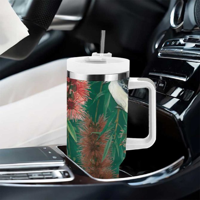 Australia Christmas Kookaburra Santa On Callistemon #8211; Forest Green Custom Stanley Quencher 40Oz Stainless Steel Tumbler With Handle - Image 8