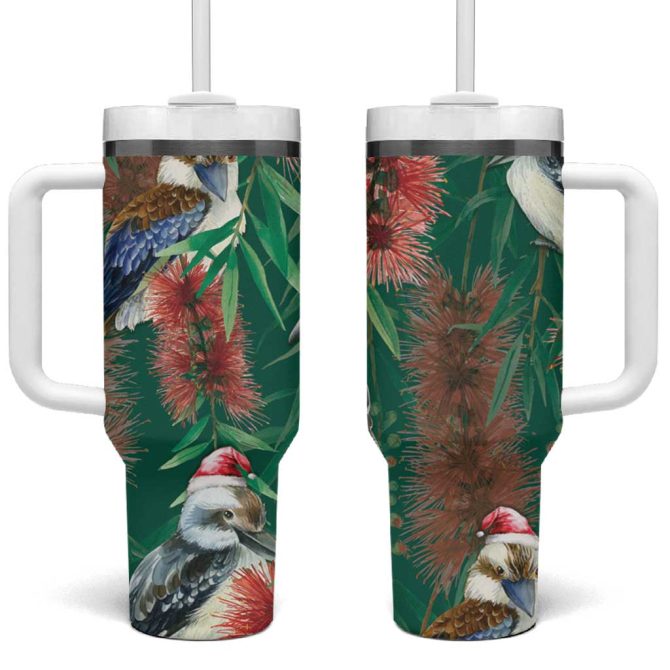 Australia Christmas Kookaburra Santa On Callistemon #8211; Forest Green Custom Stanley Quencher 40Oz Stainless Steel Tumbler With Handle - Image 2