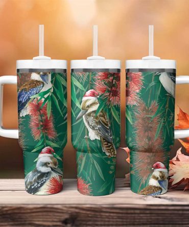 Australia Christmas Kookaburra Santa On Callistemon #8211; Forest Green Custom Stanley Quencher 40Oz Stainless Steel Tumbler With Handle