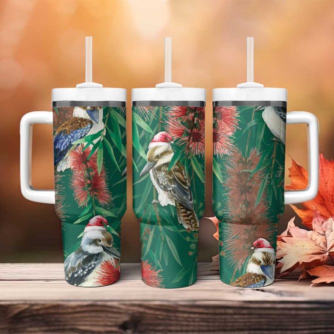 Australia Christmas Kookaburra Santa On Callistemon #8211; Forest Green Custom Stanley Quencher 40Oz Stainless Steel Tumbler With Handle