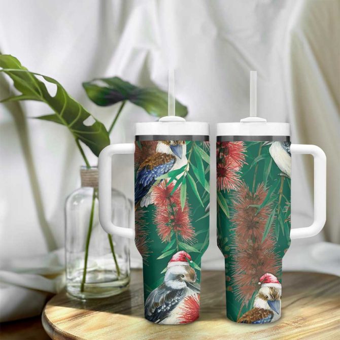 Australia Christmas Kookaburra Santa On Callistemon #8211; Forest Green Custom Stanley Quencher 40Oz Stainless Steel Tumbler With Handle - Image 9