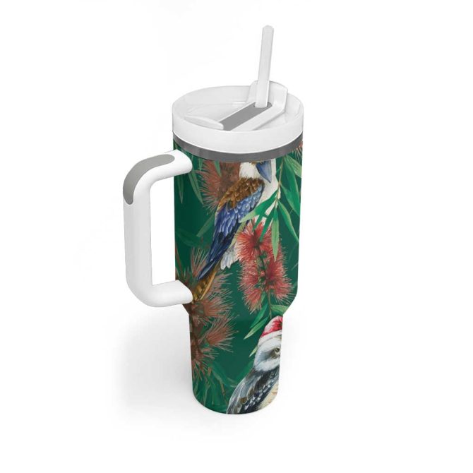 Australia Christmas Kookaburra Santa On Callistemon #8211; Forest Green Custom Stanley Quencher 40Oz Stainless Steel Tumbler With Handle - Image 3