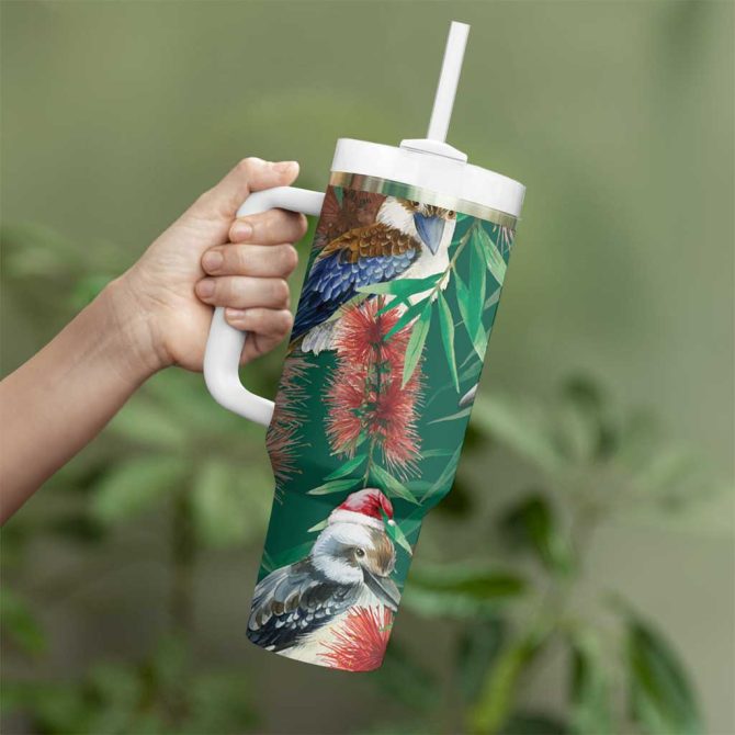Australia Christmas Kookaburra Santa On Callistemon #8211; Forest Green Custom Stanley Quencher 40Oz Stainless Steel Tumbler With Handle - Image 4