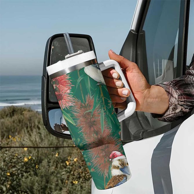 Australia Christmas Kookaburra Santa On Callistemon #8211; Forest Green Custom Stanley Quencher 40Oz Stainless Steel Tumbler With Handle - Image 7