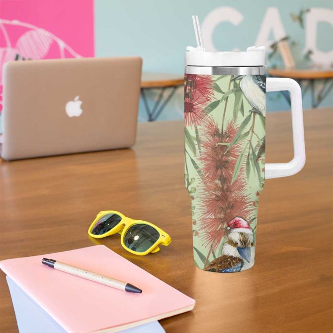 Australia Christmas Kookaburra Santa On Callistemon #8211; Pastel Custom Stanley Quencher 40Oz Stainless Steel Tumbler With Handle - Image 5