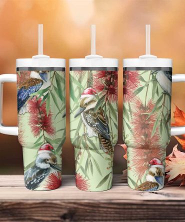 Australia Christmas Kookaburra Santa On Callistemon #8211; Pastel Custom Stanley Quencher 40Oz Stainless Steel Tumbler With Handle