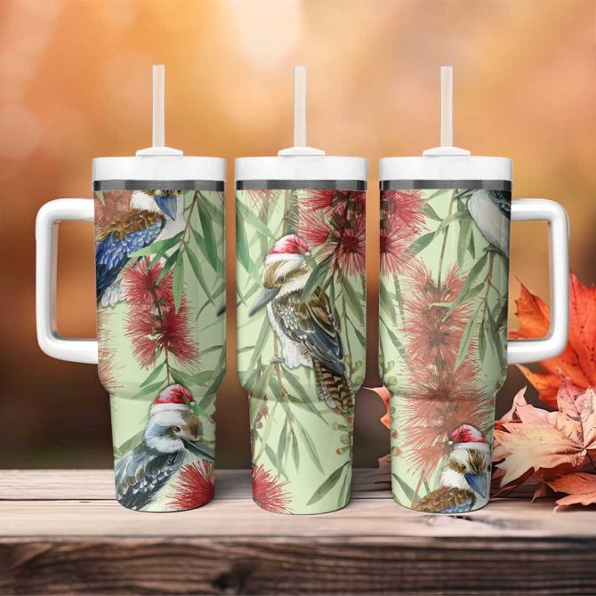 Australia Christmas Kookaburra Santa On Callistemon #8211; Pastel Custom Stanley Quencher 40Oz Stainless Steel Tumbler With Handle