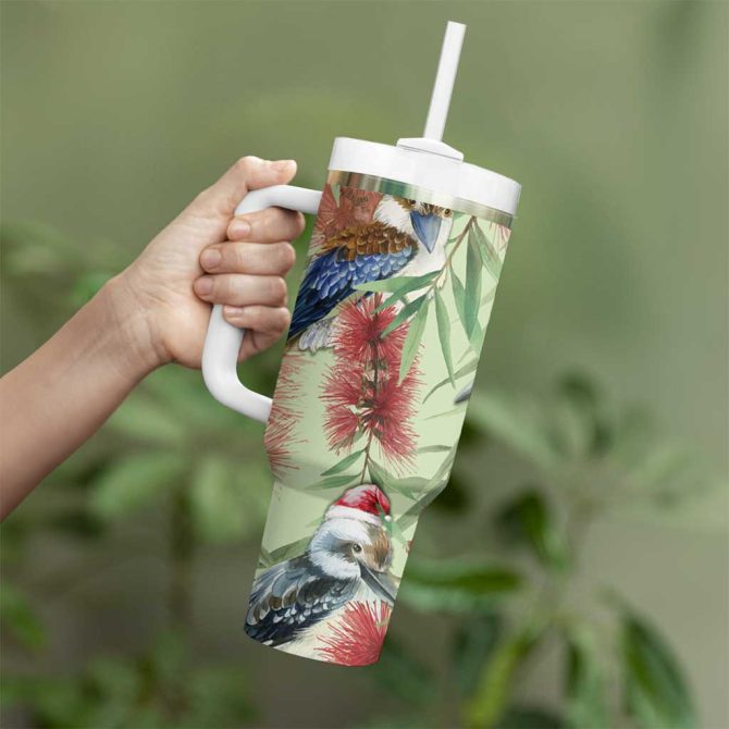 Australia Christmas Kookaburra Santa On Callistemon #8211; Pastel Custom Stanley Quencher 40Oz Stainless Steel Tumbler With Handle - Image 4