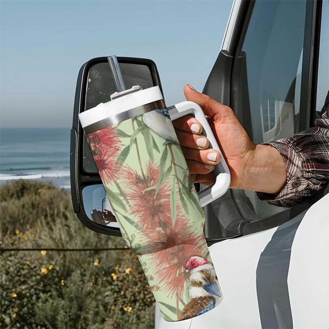 Australia Christmas Kookaburra Santa On Callistemon #8211; Pastel Custom Stanley Quencher 40Oz Stainless Steel Tumbler With Handle - Image 7