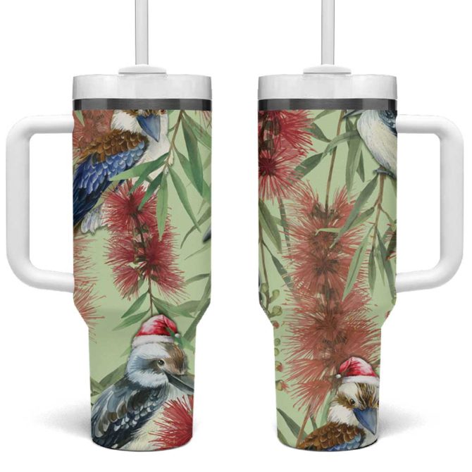 Australia Christmas Kookaburra Santa On Callistemon #8211; Pastel Custom Stanley Quencher 40Oz Stainless Steel Tumbler With Handle - Image 2