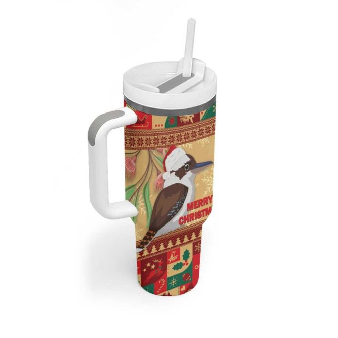 Australia Christmas Kookaburra Santa With Gumtree Custom Stanley Quencher 40Oz Stainless Steel Tumbler With Handle - Image 3