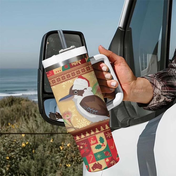 Australia Christmas Kookaburra Santa With Gumtree Custom Stanley Quencher 40Oz Stainless Steel Tumbler With Handle - Image 7
