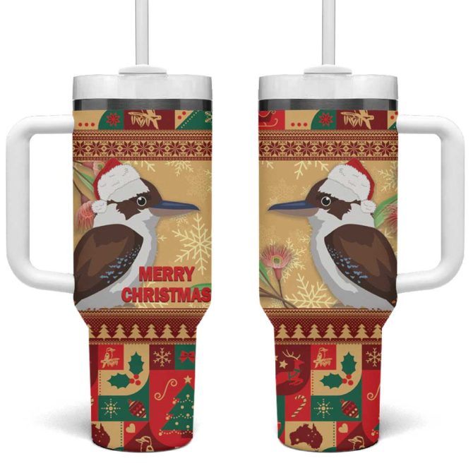 Australia Christmas Kookaburra Santa With Gumtree Custom Stanley Quencher 40Oz Stainless Steel Tumbler With Handle - Image 2