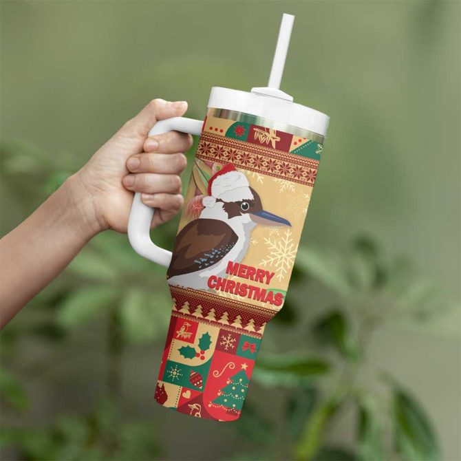 Australia Christmas Kookaburra Santa With Gumtree Custom Stanley Quencher 40Oz Stainless Steel Tumbler With Handle - Image 4