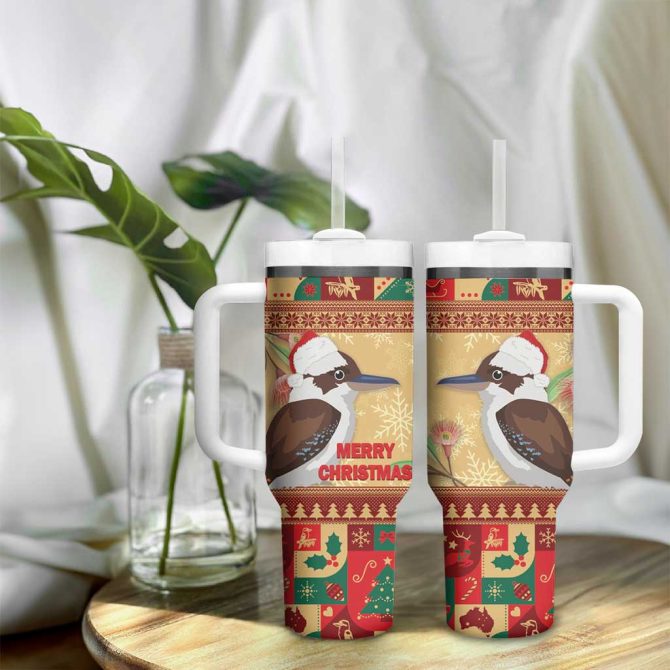 Australia Christmas Kookaburra Santa With Gumtree Custom Stanley Quencher 40Oz Stainless Steel Tumbler With Handle - Image 9