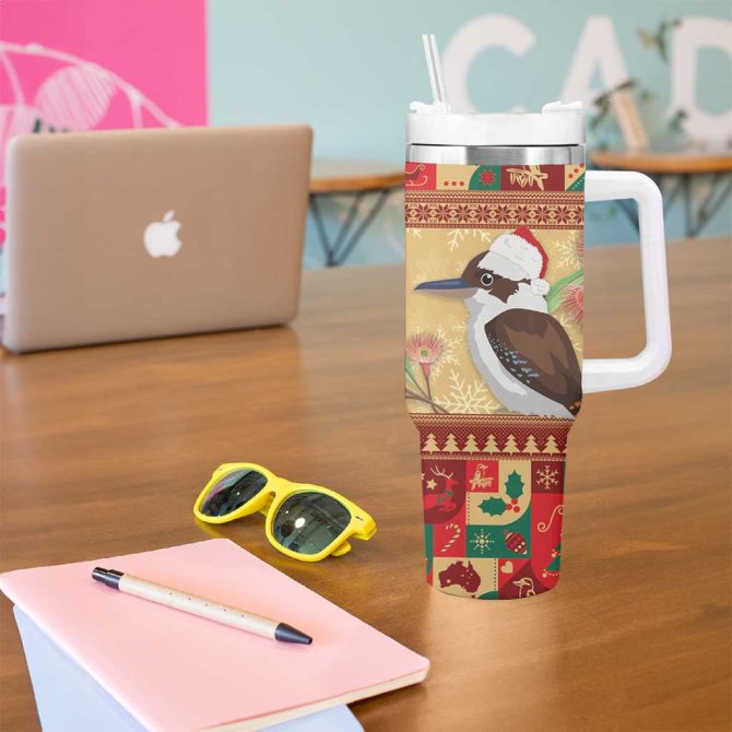 Australia Christmas Kookaburra Santa With Gumtree Custom Stanley Quencher 40Oz Stainless Steel Tumbler With Handle - Image 5