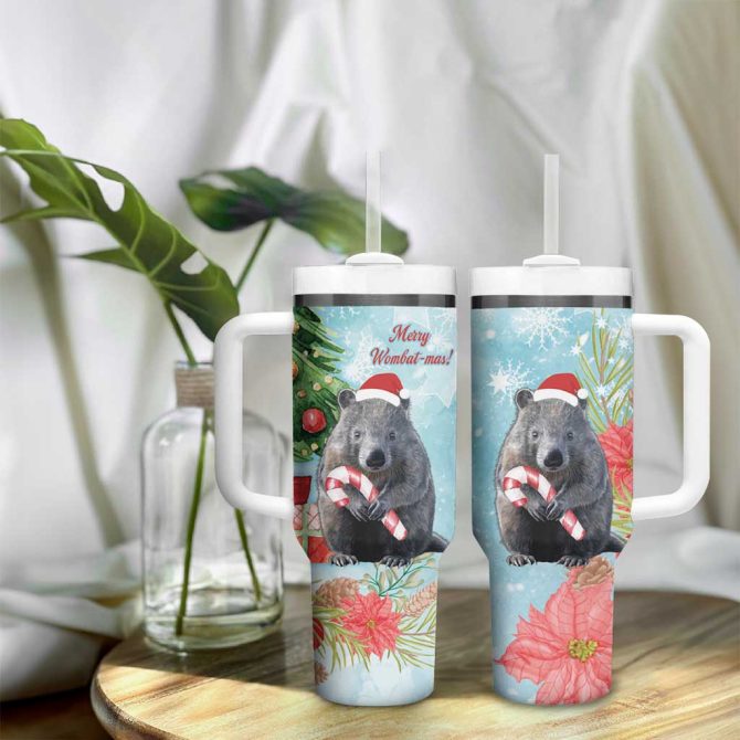 Australia Christmas Merry Wombat-Mas Watercolor Style Custom Stanley Quencher 40Oz Stainless Steel Tumbler With Handle - Image 9