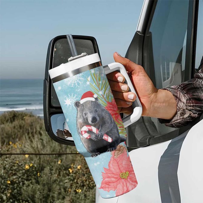 Australia Christmas Merry Wombat-Mas Watercolor Style Custom Stanley Quencher 40Oz Stainless Steel Tumbler With Handle - Image 7
