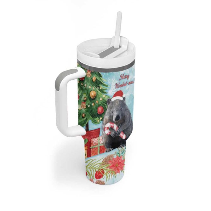 Australia Christmas Merry Wombat-Mas Watercolor Style Custom Stanley Quencher 40Oz Stainless Steel Tumbler With Handle - Image 3