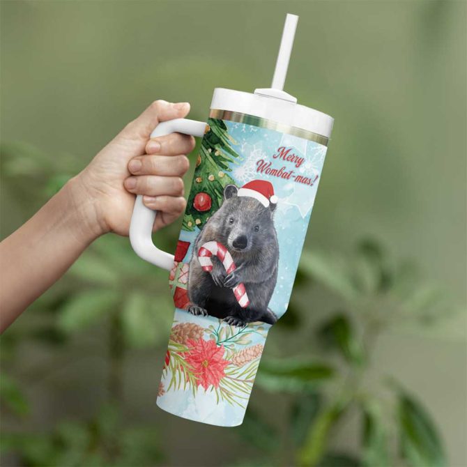 Australia Christmas Merry Wombat-Mas Watercolor Style Custom Stanley Quencher 40Oz Stainless Steel Tumbler With Handle - Image 4