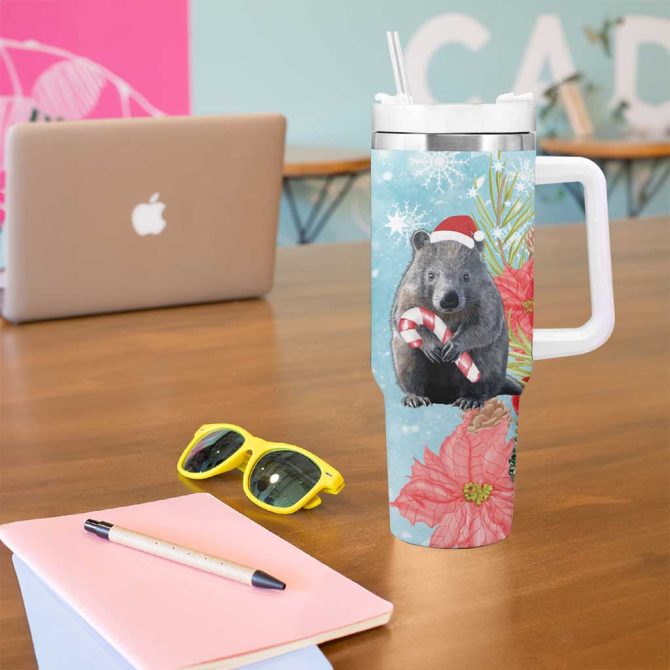Australia Christmas Merry Wombat-Mas Watercolor Style Custom Stanley Quencher 40Oz Stainless Steel Tumbler With Handle - Image 5
