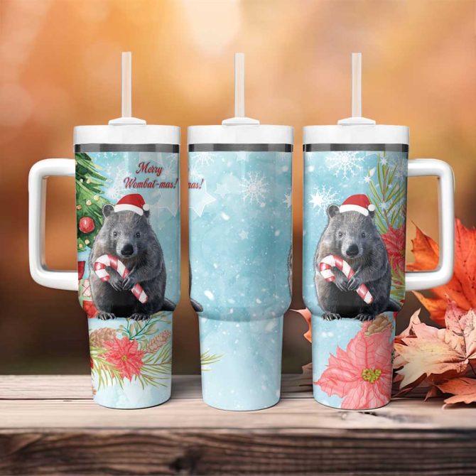 Australia Christmas Merry Wombat-Mas Watercolor Style Custom Stanley Quencher 40Oz Stainless Steel Tumbler With Handle
