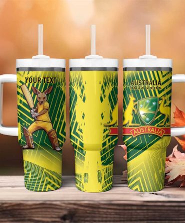 Australia Cricket Aussie Baggy Greens #8211; Kangaroo Mascot Style Custom Stanley Quencher 40Oz Stainless Steel Tumbler With Handle