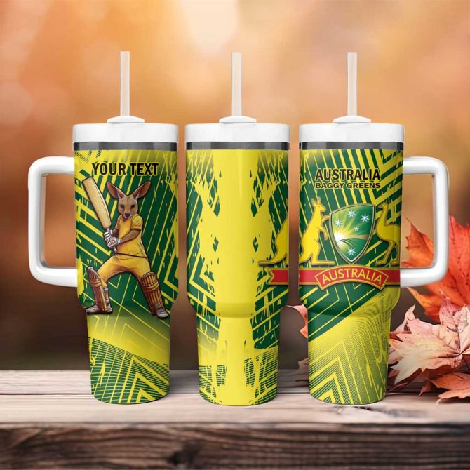 Australia Cricket Aussie Baggy Greens #8211; Kangaroo Mascot Style Custom Stanley Quencher 40Oz Stainless Steel Tumbler With Handle