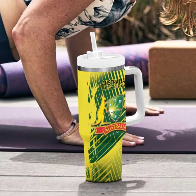 Australia Cricket Aussie Baggy Greens #8211; Kangaroo Mascot Style Custom Stanley Quencher 40Oz Stainless Steel Tumbler With Handle - Image 6