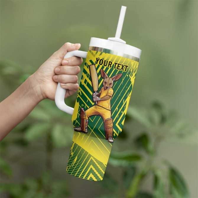 Australia Cricket Aussie Baggy Greens #8211; Kangaroo Mascot Style Custom Stanley Quencher 40Oz Stainless Steel Tumbler With Handle - Image 4