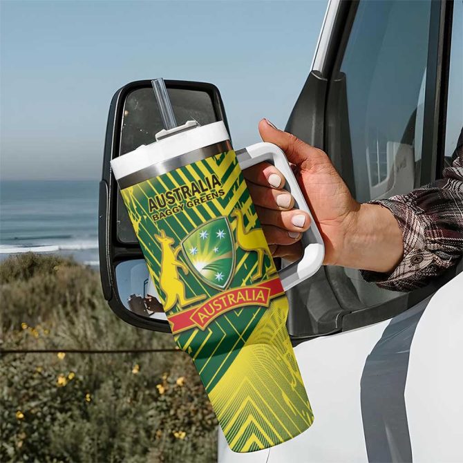 Australia Cricket Aussie Baggy Greens #8211; Kangaroo Mascot Style Custom Stanley Quencher 40Oz Stainless Steel Tumbler With Handle - Image 7