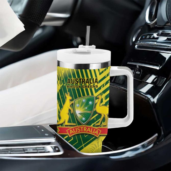 Australia Cricket Aussie Baggy Greens #8211; Kangaroo Mascot Style Custom Stanley Quencher 40Oz Stainless Steel Tumbler With Handle - Image 8