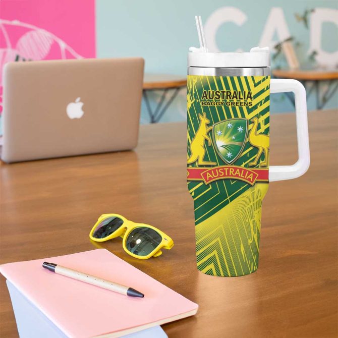Australia Cricket Aussie Baggy Greens #8211; Kangaroo Mascot Style Custom Stanley Quencher 40Oz Stainless Steel Tumbler With Handle - Image 5