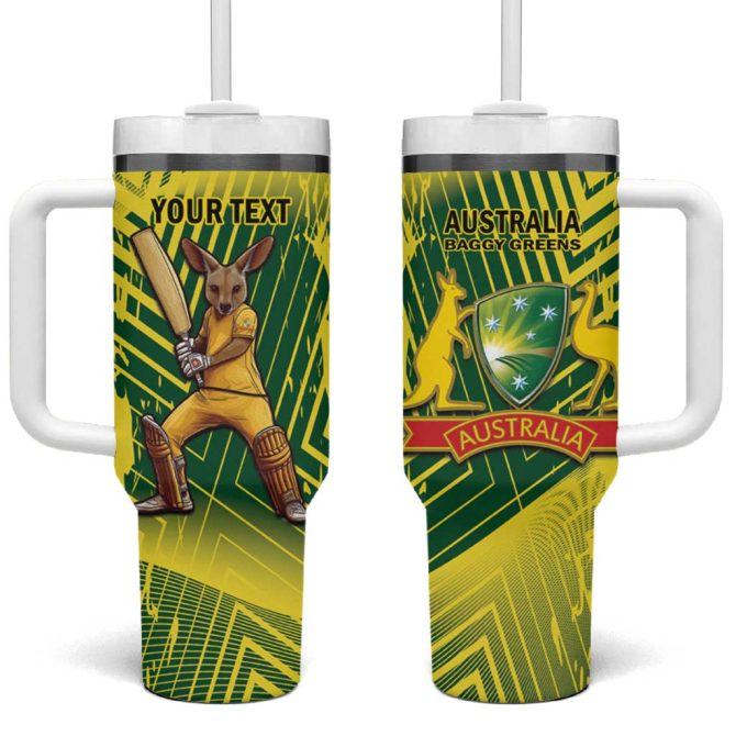 Australia Cricket Aussie Baggy Greens #8211; Kangaroo Mascot Style Custom Stanley Quencher 40Oz Stainless Steel Tumbler With Handle - Image 2