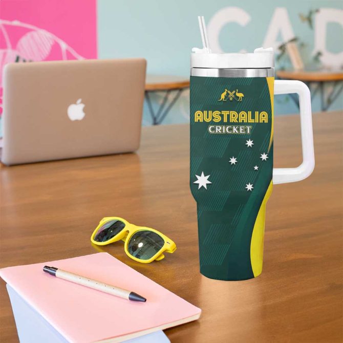 Australia Cricket Go Aussie #8211; Modern Motif Custom Stanley Quencher 40Oz Stainless Steel Tumbler With Handle - Image 5