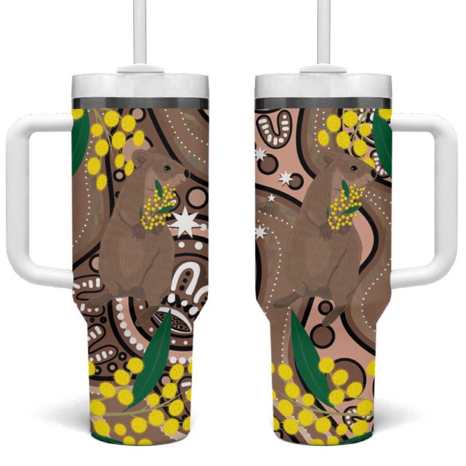 Australia Cute Quokka Indigenous Art With Golden Wattle Custom Stanley Quencher 40Oz Stainless Steel Tumbler With Handle - Image 2