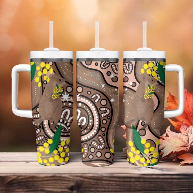 Australia Cute Quokka Indigenous Art With Golden Wattle Custom Stanley Quencher 40Oz Stainless Steel Tumbler With Handle