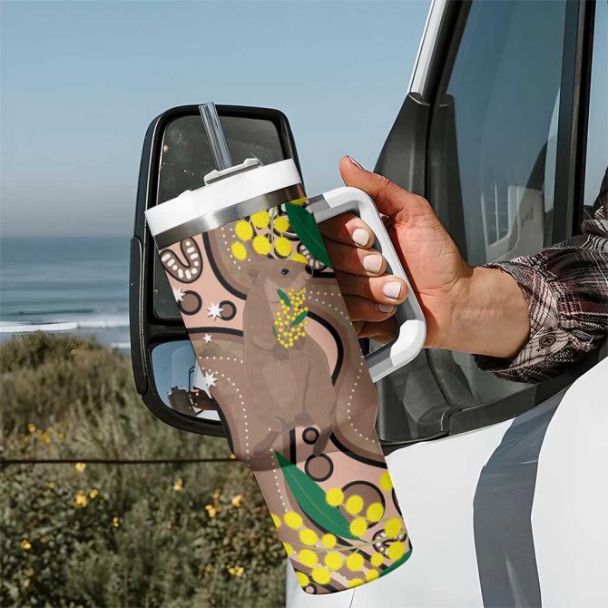 Australia Cute Quokka Indigenous Art With Golden Wattle Custom Stanley Quencher 40Oz Stainless Steel Tumbler With Handle - Image 7